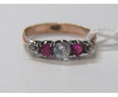 RUBY RING, yellow gold ring (tests as 9ct), set 2 rubies and 3 clear stones, size M/N