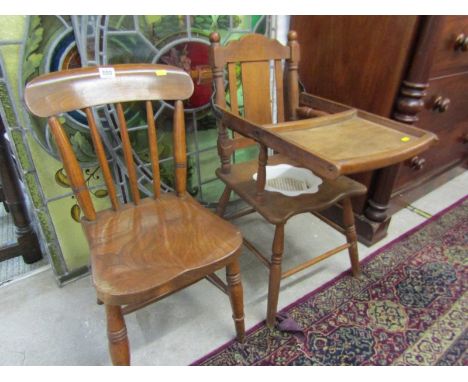 VINTAGE CHILD'S HIGH CHAIR with feeding tray; also spindle back elm seated child's kitchen chair 