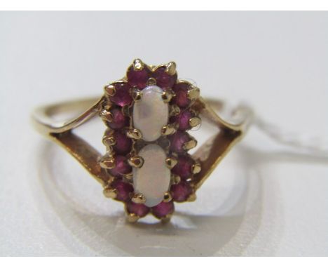 RUBY AND OPAL RING, 9ct yellow gold double cluster ring of 2 oval opals surrounded by a cluster of rubies, ring size M