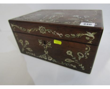 VICTORIAN ROSEWOOD, mother of pearl inlaid needlework casket with fittings, bird and garden design inlay with base drawer, 30