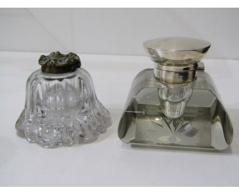 SILVER TOPPED INKWELL, square form cut glass inkwell with a Birmingham hallmark to the silver top, a 10cm width, togeher with