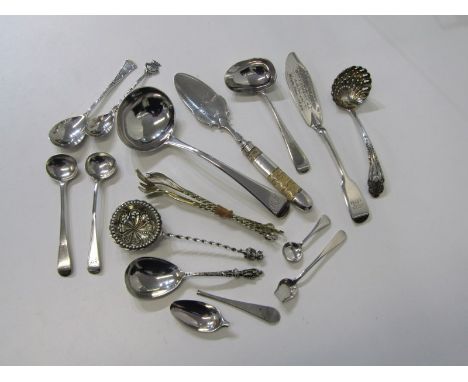 SILVER SPOONS AND LADLES, collection of assorted spoons and ladles, including Georgian ladle, salts etc. Also silver plated s