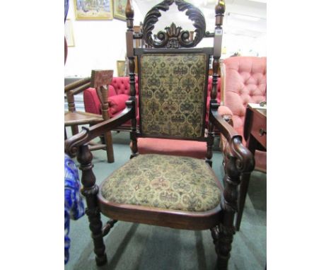 19th CENTURY THRONE CHAIR, foliate carved cresting with tapestry upholstery