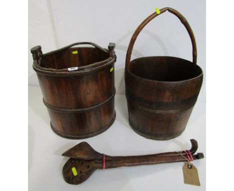 ANTIQUE TREEN, 2 Coopered metal banded buckets together with French treen ladle and straining spoon