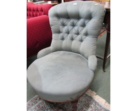 LATE VICTORIAN BLUE BUTTON BACK LADY'S CHAIR, fluted tapering legs with original castors