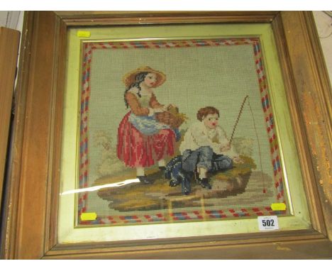 VICTORIAN BERLIN WORK TAPESTRY, gilt framed panel "The Young Angler", 33cm x 34cm