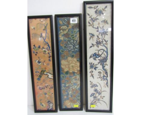 EASTERN EMBROIDERY, 3 framed coloured silk Chinese panels, garden and bird design