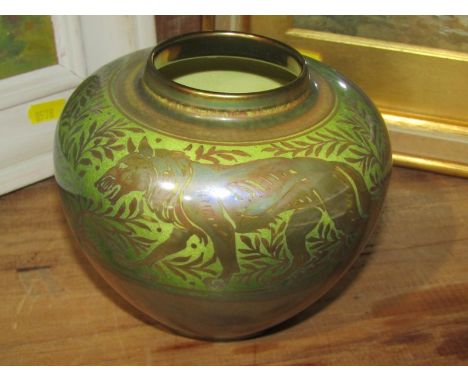 PILKINGTON, silver lustre "Boar and Wild Cat" pattern 11cm vase, pattern no 2841, possibly decorated by Richard JoyceSome lig