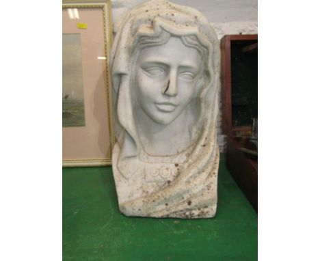 MARBLE CARVING, white marble carving of young lady with head scarf, 41cm height