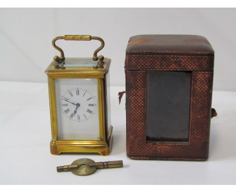 MINIATURE CARRIAGE CLOCK, bevelled glass in vintage carry case with key, 8cm height