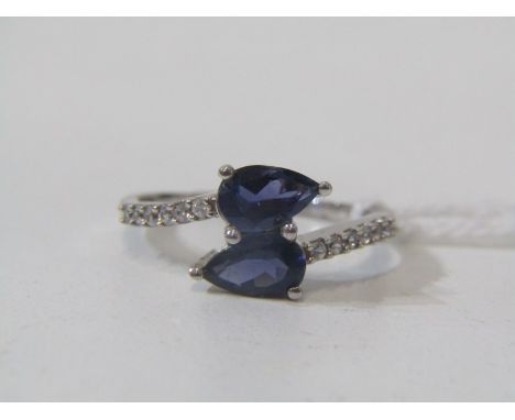 LOLITE  RING, 9ct white gold ring, set 2 pear shaped Bengal lolite in cross over setting, with zircons to shoulders, size R/S