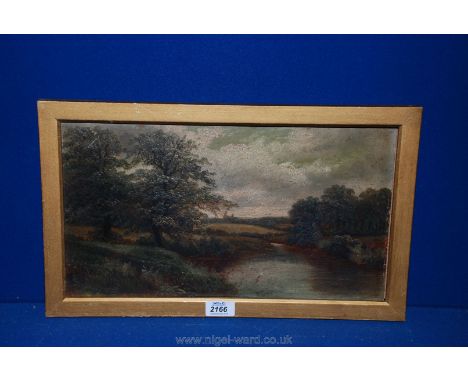 An Oil on artist's board depicting a Wood and Lake, signed R. Hull.
