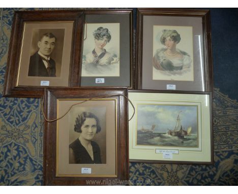 Two oak framed photographs, two Victorian lady prints and a Seascape Print.