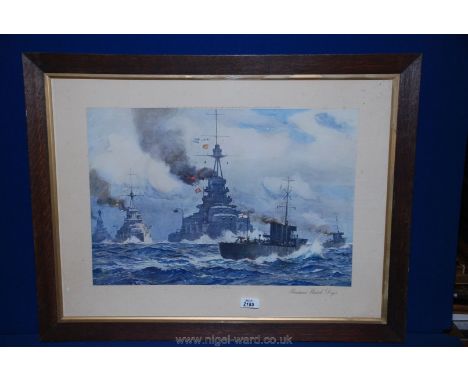 A framed Print of H.M.S. Iron Duke warship from a painting by Norman Wilkinson, 30" x 23".