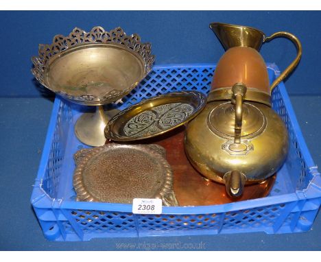 A quantity of brass and copper to include two trays, teapot (a/f), jug, etc.