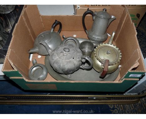 A quantity of pewter and plated items including Teaset, tray and teapot.
