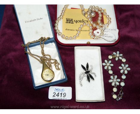 A bracelet, a ladies pendant watch, blue and white multi-stone butterfly brooch, 925 silver catch "Monacor" pearl necklace in