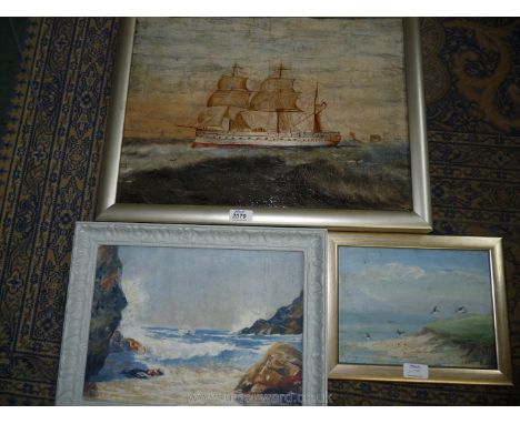 An Oil on canvas Seascape by J. Hodgson Lobley RBA, a small painting of a Seascape and birds by a WWII Spitfire pilot and ano