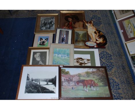 A quantity of prints including a horse and foal in a field, a young man playing a recorder, etc.