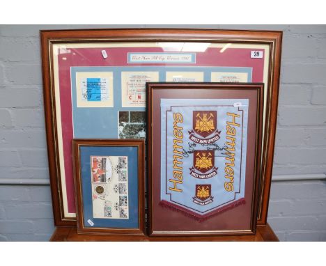 Framed Collage 'West Ham FA Cup Winners 1980' England World Cup Winners First Day Cover and a Signed West Ham United Banner F