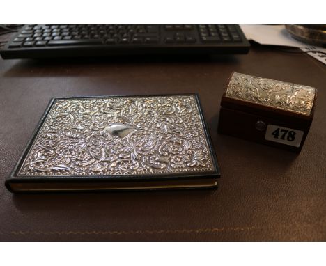 Pressed Silver Topped Oak Trinket Chest &amp; Pressed Silver Topped Leather Bound Adress Book