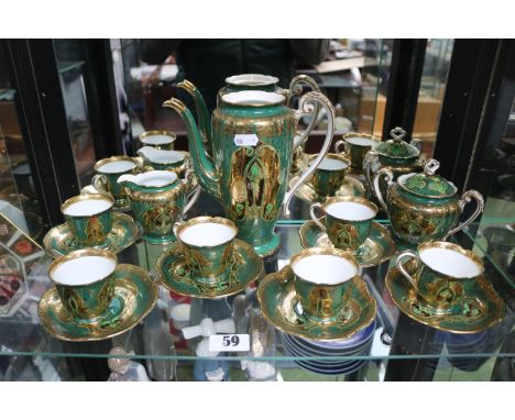 Noritake Green and gilded coffee service for 6 with cream jug and lidded sugar 