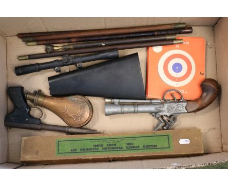 Vintage air pistol, Shotgun cleaning kit, Tlescopic Sight and other sundry items