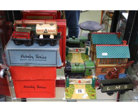 Collection of Hornby O Gauge to include Locomotive with carriages LMS, Level crossing and station