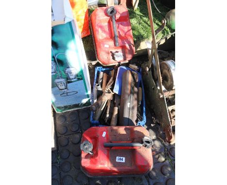 2 Vintage Petrol Cans and assorted Tools 