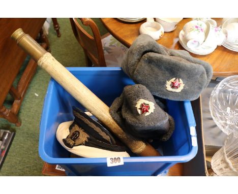 Collection of Military Hats and a Telescope to include Naval and Russian 