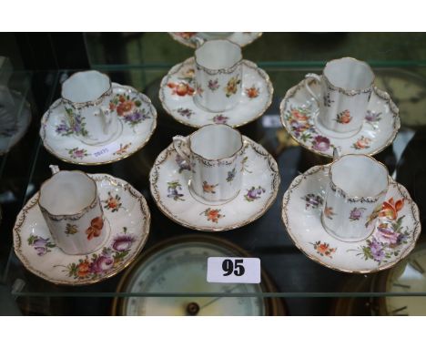 Set of 6 Dresden Floral decorated fluted coffee cans and saucers 