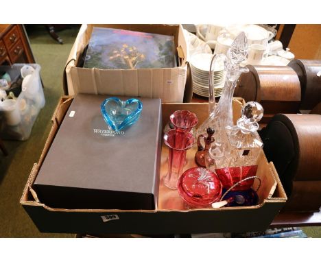 Pair of boxed Waterford Crystal Champagne flutes, Ruby Glass and decanters