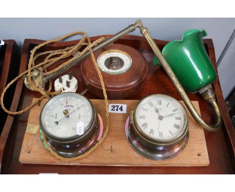 Sestrel Brass Barometer and clock set, Green glass light and a Mahogany cased Barometer