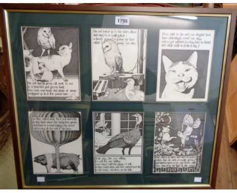 Simon Drew: framed and mounted six window print depicting scenes from The Owl and the Pussycat, with verses - each scene sign
