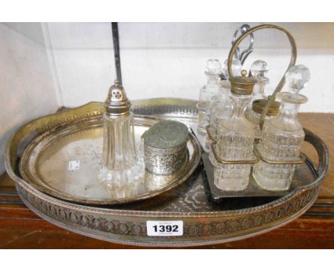 A large silver plated gallery tray, two cruet sets, etc.