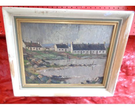 Keag: a framed vintage oil on board depicting whitewashed coastal cottages with figures on the shoreline - signed