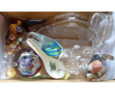 A box containing assorted china and glass including Sowerby pressed glass water crane design posy, Caithness and Edinburgh Cr