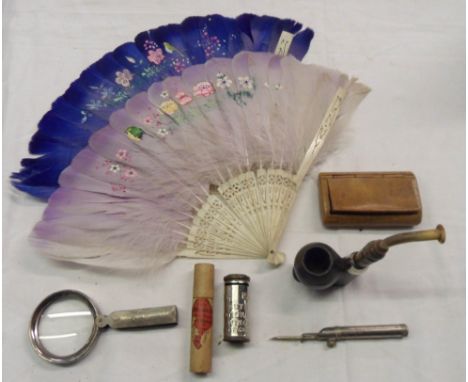 A burr wood snuff box, foot pattern pipe with horn mouthpiece, savings box, magnifying glass, etc.