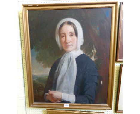 A gilt framed 19th Century oil on canvas, portrait of a lady wearing austere clothing - 29 1/4" X 24 1/2"