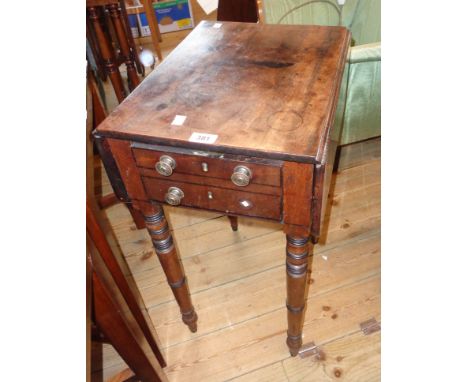 A 18" Victorian mahogany drop-leaf work table with double fronted deep drawer, set on ring turned legs