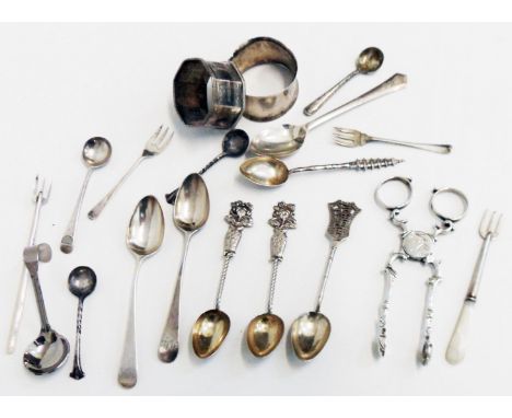 Two silver napkin rings, a pair of Georgian style sugar nips, various Chinese 90 grade ornate teaspoons and other silver and 