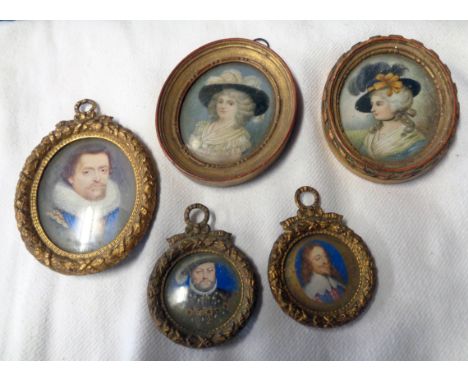 Two 20th Century gilt oval framed hand painted portrait miniatures depicting Gainsborough style ladies - sold with three gilt