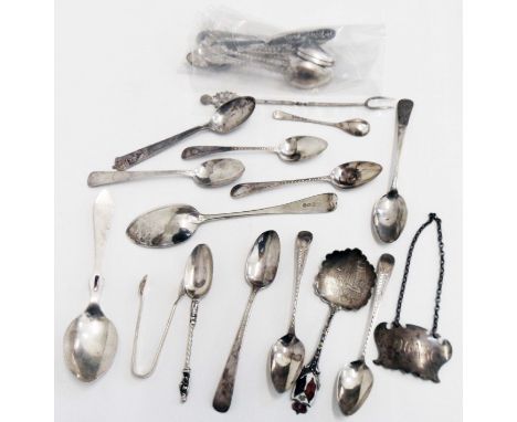 A quantity of antique and later silver small spoons including Georgian bright cut examples and a silver cognac label, also ot
