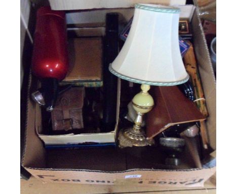 A box containing assorted collectables including cash boxes, metronome, Art Deco photograph frame, onyx lamp, etc.