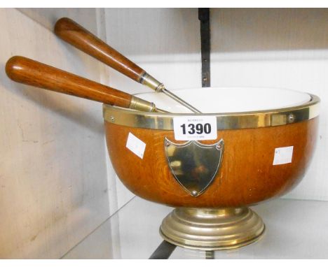 A polished oak salad bowl with silver plated mounts and pair of servers to match - liner a/f