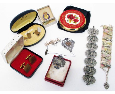 A silver dancing award brooch, vintage jazz themed bracelet, another, a compact and two pairs of plated cuff-links etc.