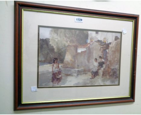After William Russell Flint: a framed coloured print, depicting Spanish ladies before a doorway