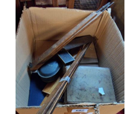 A box containing a small collection of vintage tools, including a cased green bakelite Megger circuit tester, blackboard comp
