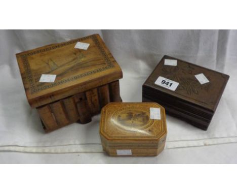 A Mauchline Anchor Cottons bobbin box, olive wood puzzle box and another - various condition