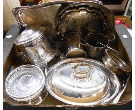 A quantity of silver plated items including gallery tray, ornate biscuit barrel, coasters, entree dish, etc.